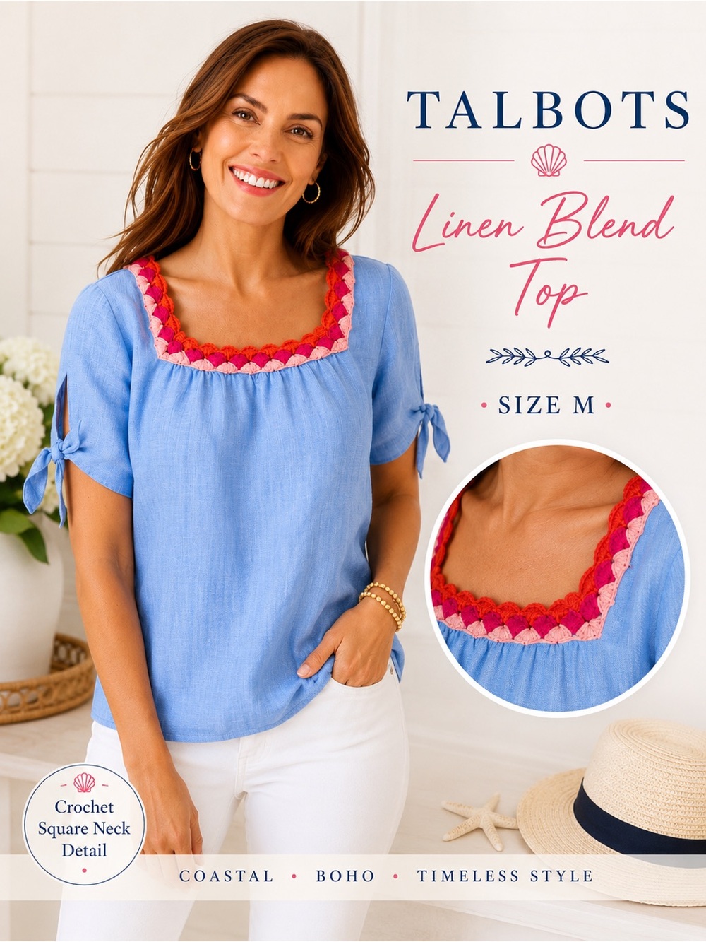Talbots Linen Blend Top Crochet Square Neck Boho Coastal Blouse M